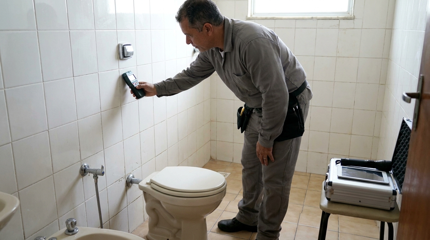 Técnico de caça vazamento analisando tubulação em Passo Fundo‑RS